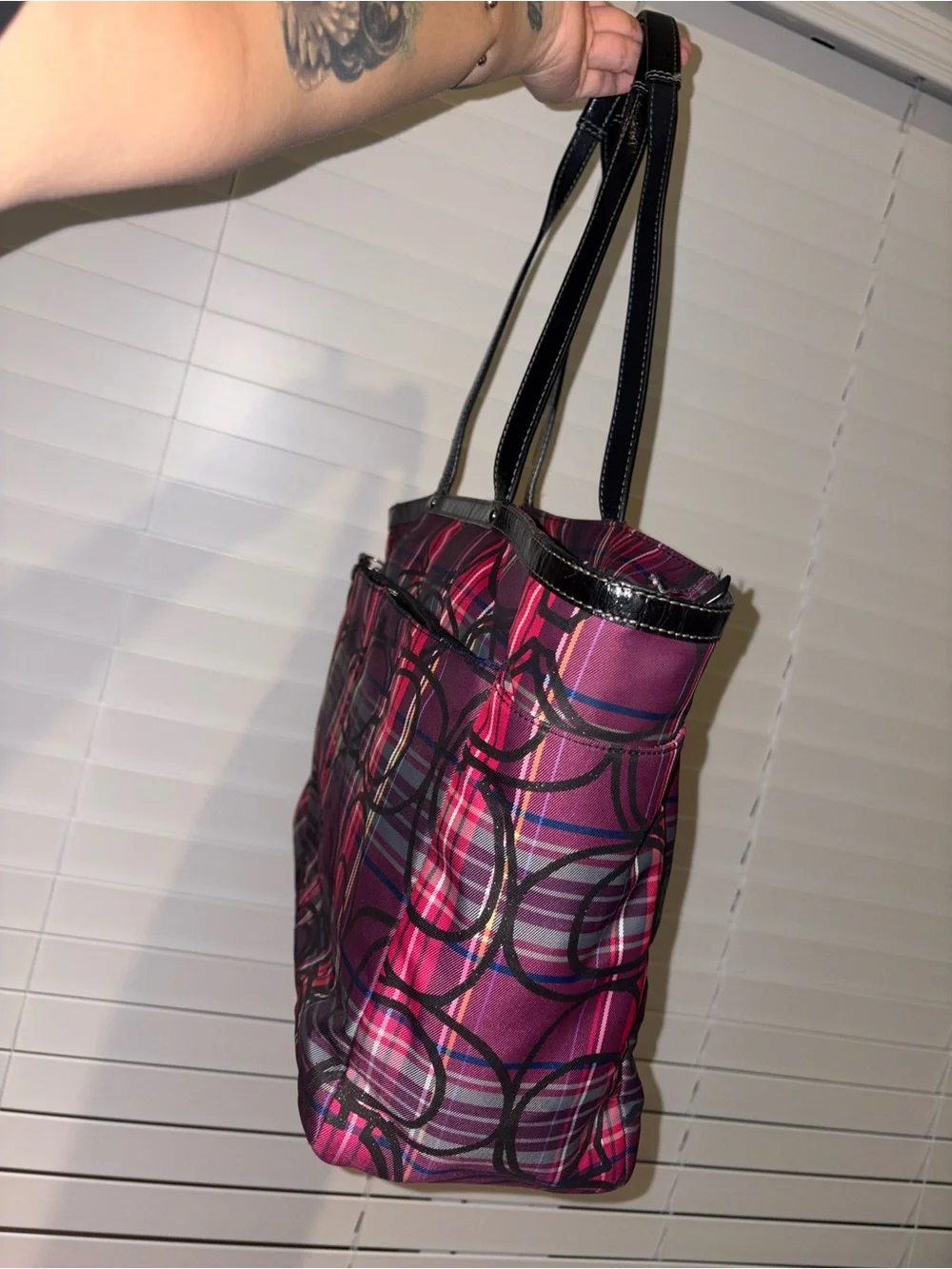 Coach Pink Plaid Signature Tote Bag